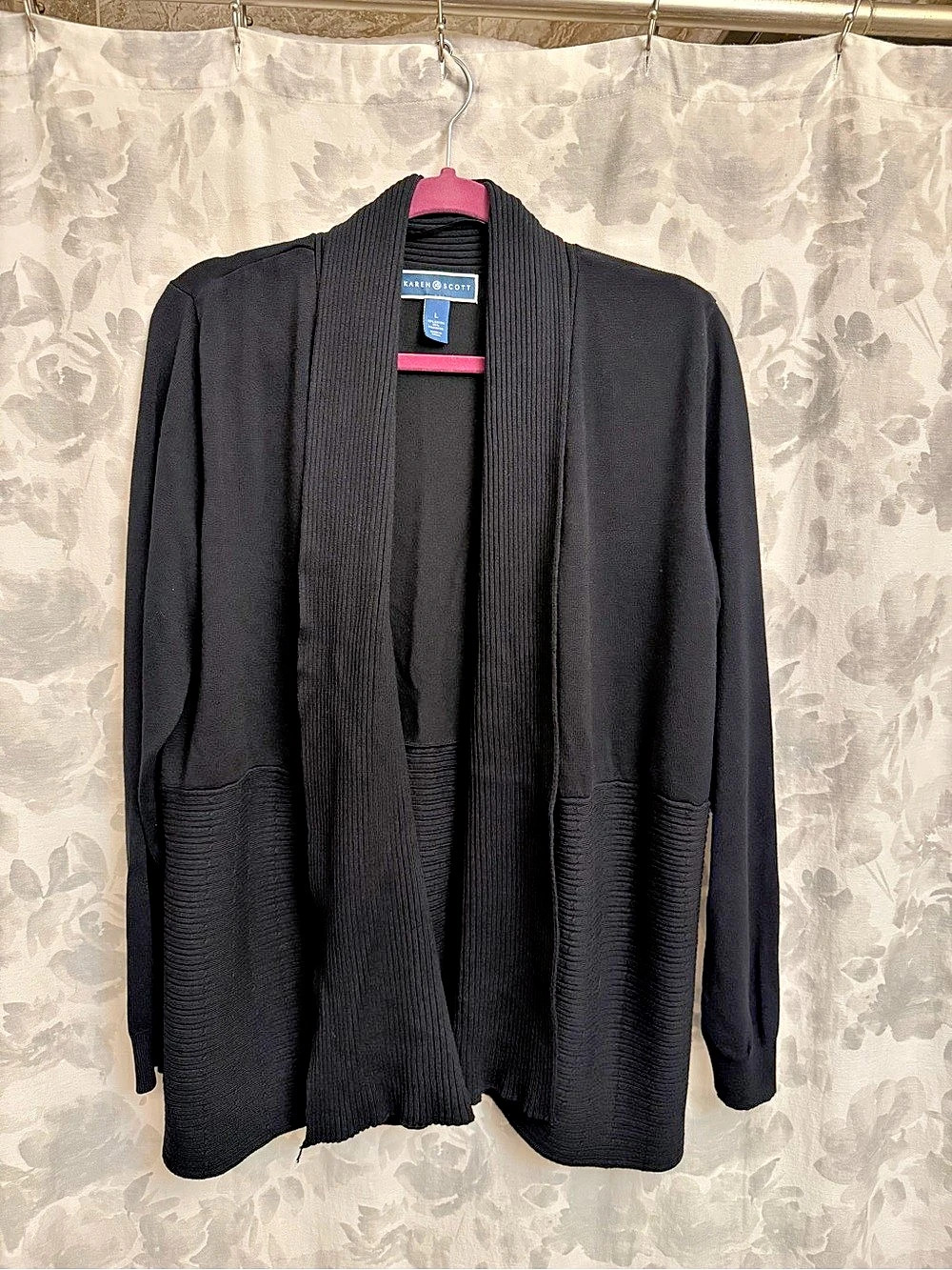 Karen Scott Ribbed Open Front Cardigan in Black Size Large